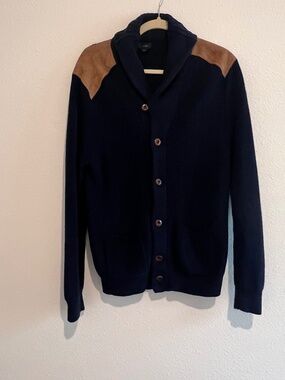 J.Crew Navy Cotton Shawl Collar Cardigan w/ Leather Shoulder Patches M